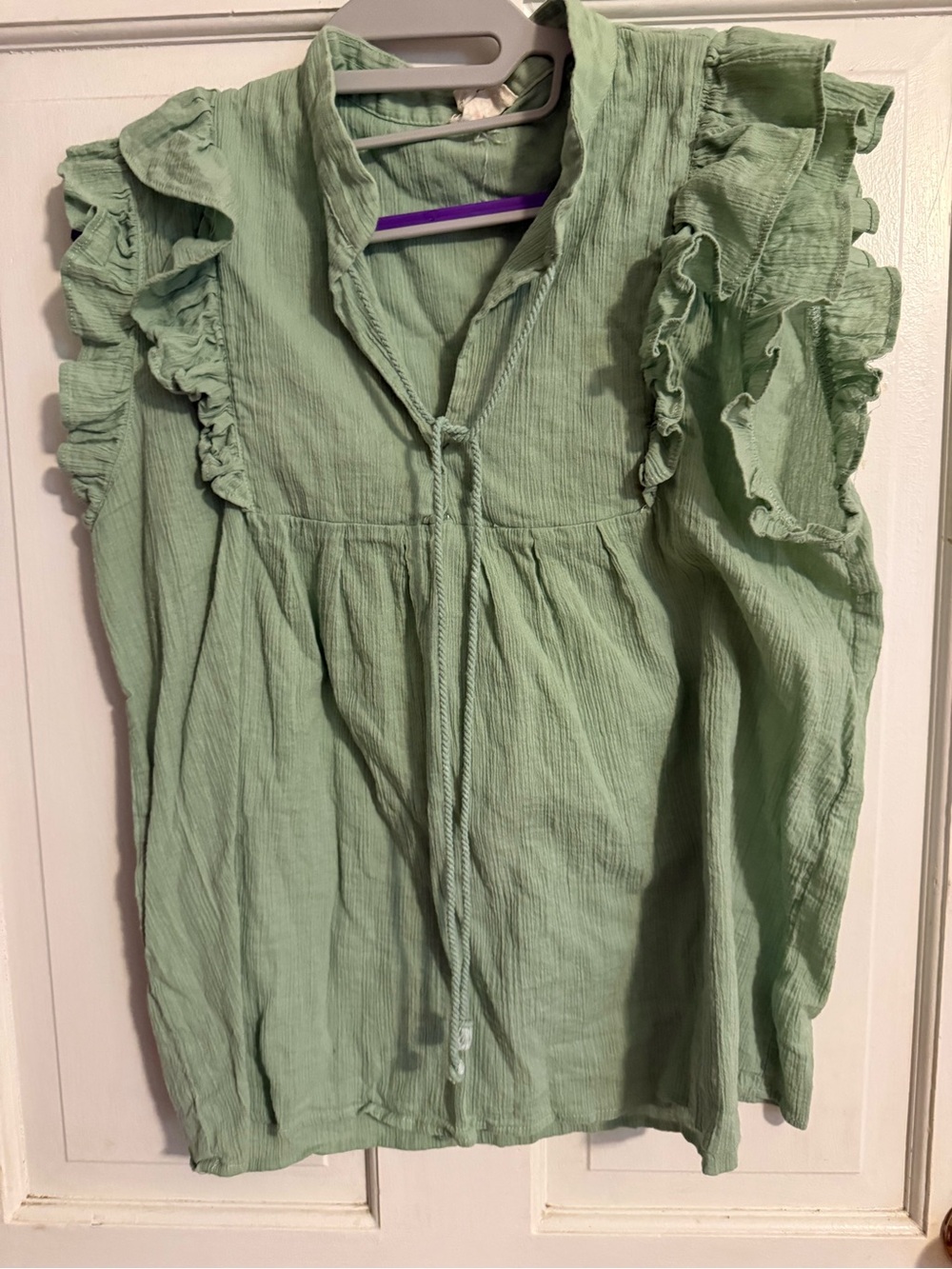 BiBi Sage Green Ruffle Tie-Front Blouse